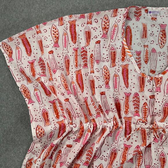 Sievya Coverup Swim Tunic Pink Fish Travel Resort Beach Drawstring Cotton - Picture 2 of 8